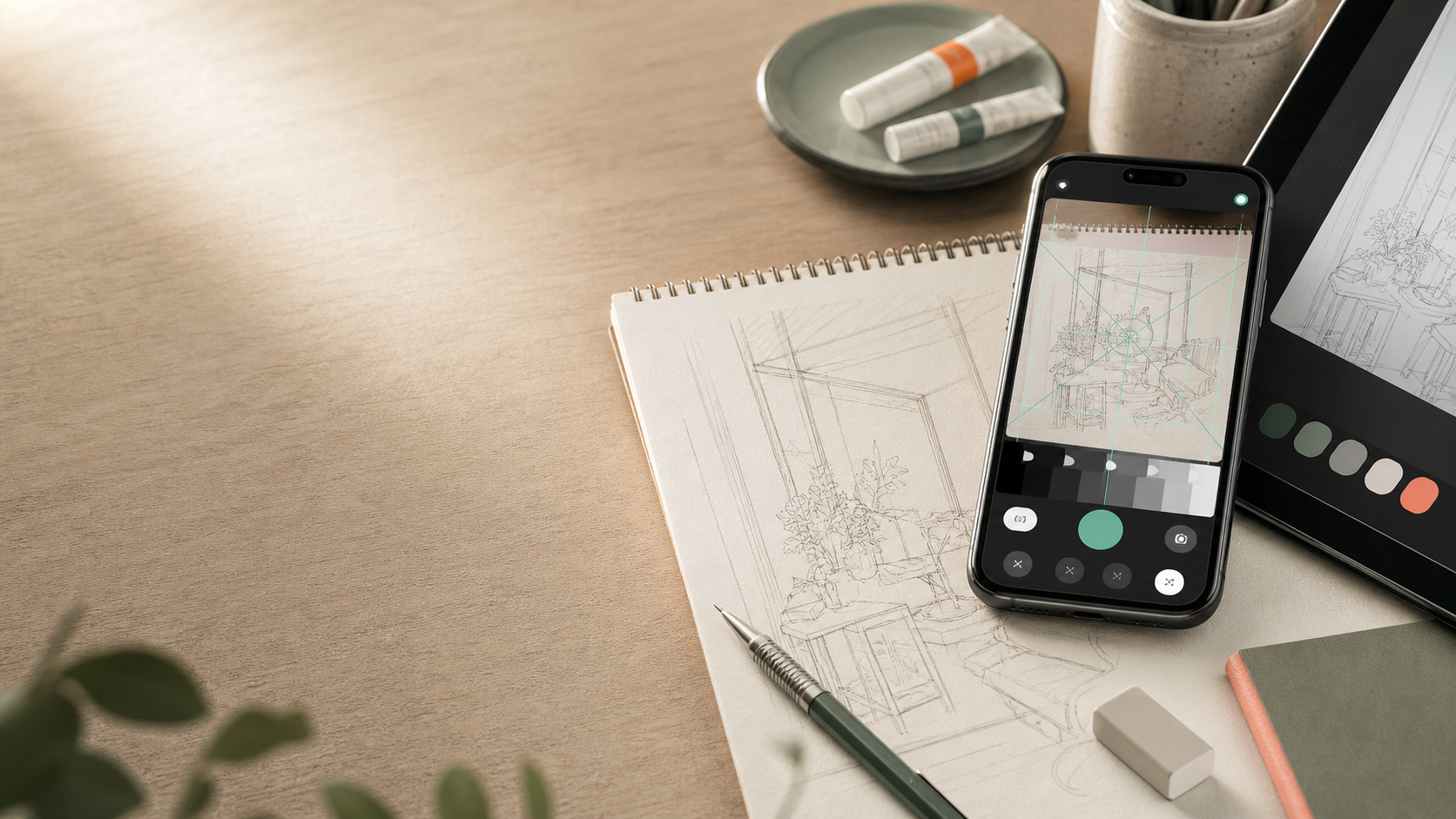 ToriCheckの作画チェック画面を表示したスマホと、机の上のスケッチブック